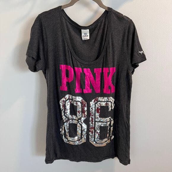 PINK Victoria's Secret Tops - Vtg Pink Victorias Secret Rare Retro Gray Y2k Sequin Bling T-Shirt Size L